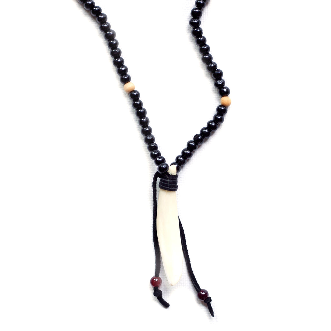 Necklace Male Black Wooden Beads with Tusk Pendant