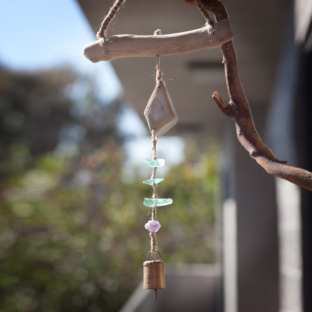 Wind Chime with Recycled Sea Glass, Tile, Amethyst and Driftwood on the top part
