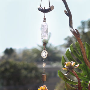 Wind Chime with Ammonite, Agate, Smoky Quartz, Vintage Bottle and Bell