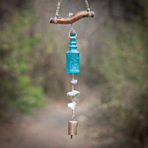 Wind Chime Vintage Glass with Clear Crystal, Amethyst and Vintage Bell