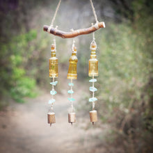 Load image into Gallery viewer, Wind Chime with Yellow Vintage Glass Bottles and Sea Glass
