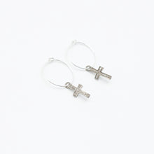 Load image into Gallery viewer, Earring Hoop with Diamond Cross Sterling Silver in Pave Setting
