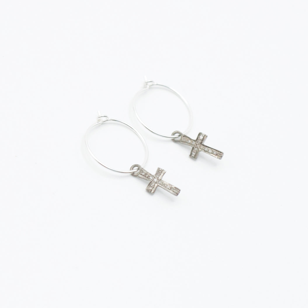 Earring Hoop with Diamond Cross Sterling Silver in Pave Setting