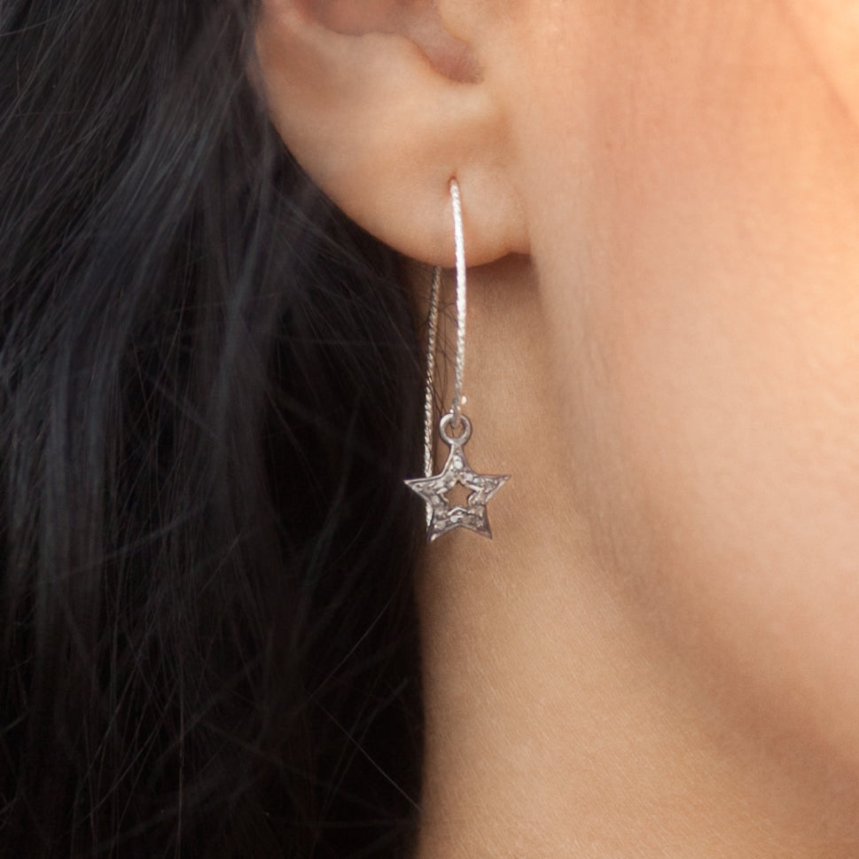Earrings with Diamond Star and Sterling Silver in Pave Setting