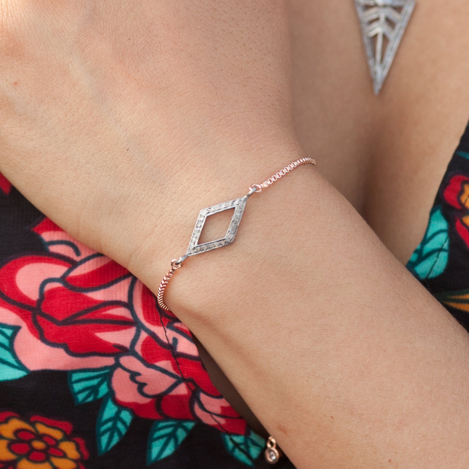 Bracelet with Diamond in Skewed Square Pave Setting with Rose Gold