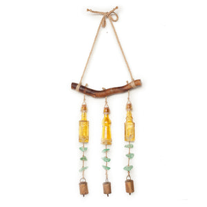Wind Chime with Yellow Vintage Glass Bottles and Sea Glass