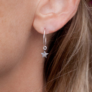 Earring Hoop with Diamond Star Sterling Silver Pave Setting