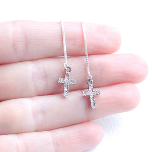Earring Threader with Diamond Cross in Sterling Silver Pave Setting