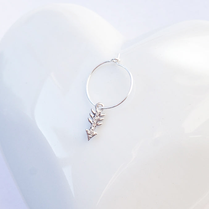 Earring Hoop with Diamond Arrow in Sterling Silver Pave Setting