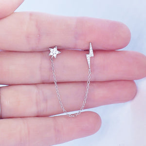 Earring Post Star and Lightning, Cubic Zirconia in Sterling Silver